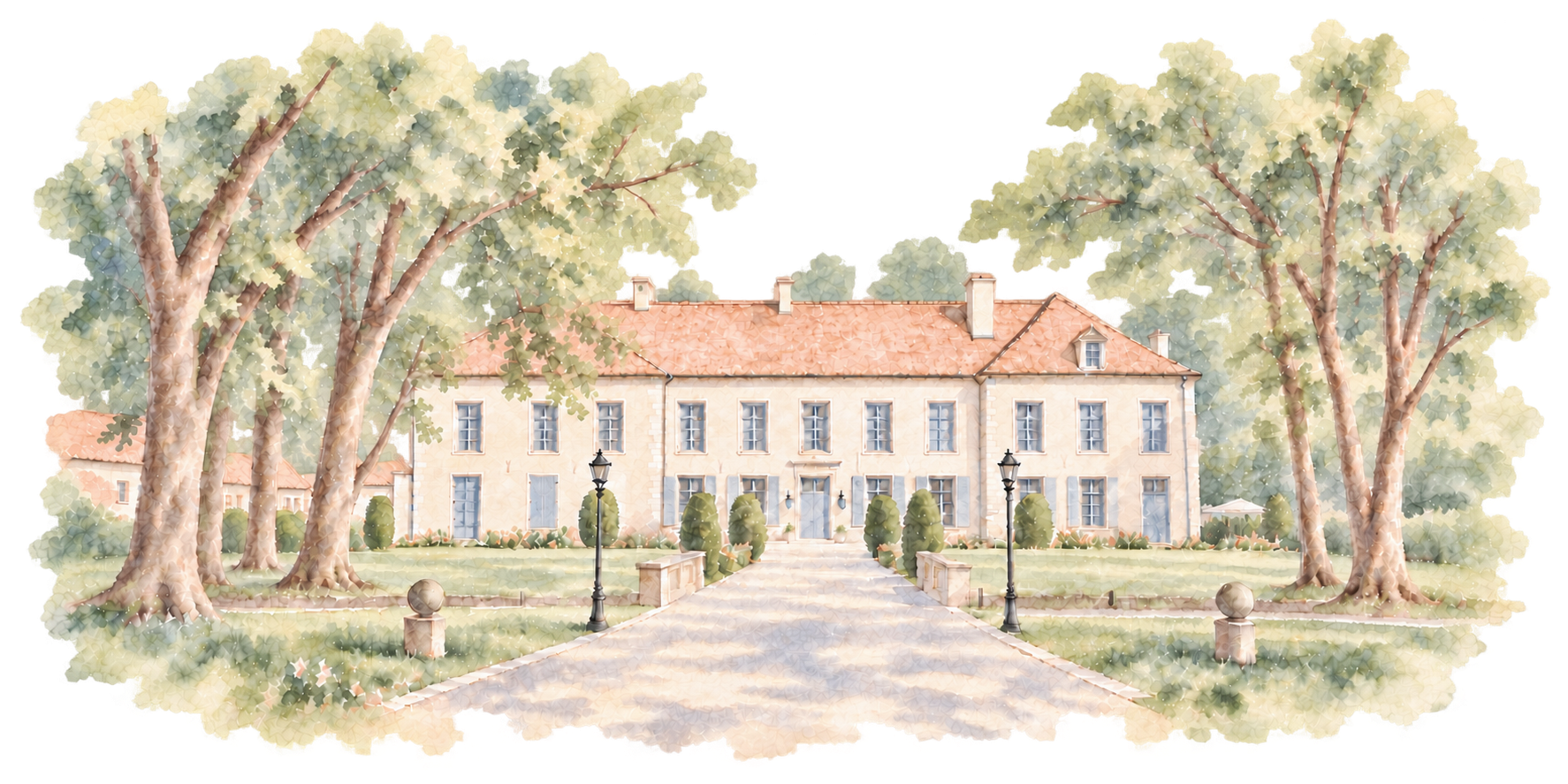 Aquarelle du Domaine de l’Abbaye de Maizières entouré de ses arbres